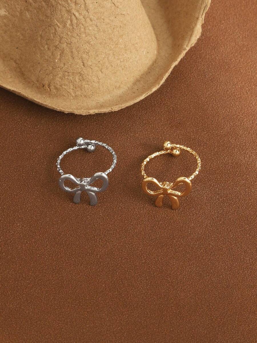 1 chiếc nhẫn hở hình nơ tối giản, thích hợp đeo hàng ngày, đa năng và ngọt ngào. - Một cỡ - Xem 1