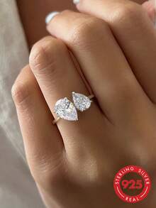 1 pieza Anillo de plata de ley 925 con gota de agua personalizada y circonita cúbica, joyería de moda para mujer, joyería exquisita, regalo de fecha para mujer - Anillo de diamantes con doble caída de pera - Ver 1