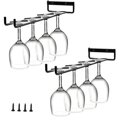 Wrought Iron Wall-Mounted Stemware Rack - Under-Cabinet Wine Glass Holder - Hanging Wine Glass Storage Shelf For Kitchens, Bars, Or Dining Rooms (Black, Set Of 2 Or 4)