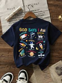 Young Boy Printed Short Sleeve T-Shirt, Summer Top For Active Little Boys - Navy Blue - View 3