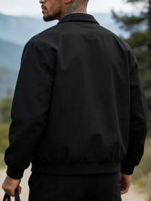 Men's Solid Black Minimalist Stand Collar Jacket, Functional For Commuting, Suitable For Travel And Daily Wear Sports - Black - View 2