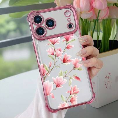 1 st nytt Ins-Style Rosa Blomma Elektropläterad Fyrhörnig Luftkudde Fallskydd/Förtjockad Transparent TPU Skyddsskal Passar Kompatibelt med Apple 16 Pro Max/16 Pro/16/13 Pro Max/12 Pro Max 11, 15 Pro Max, 14 Pro Max/Galaxy, SAM/Honor/Note 13 Pro/S23 Ultra/S24 Ultra/S25/A56