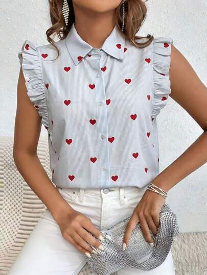 Blusa casual de mujer con estampado de corazón en bloques de color y volantes en las mangas, Día de la Madre