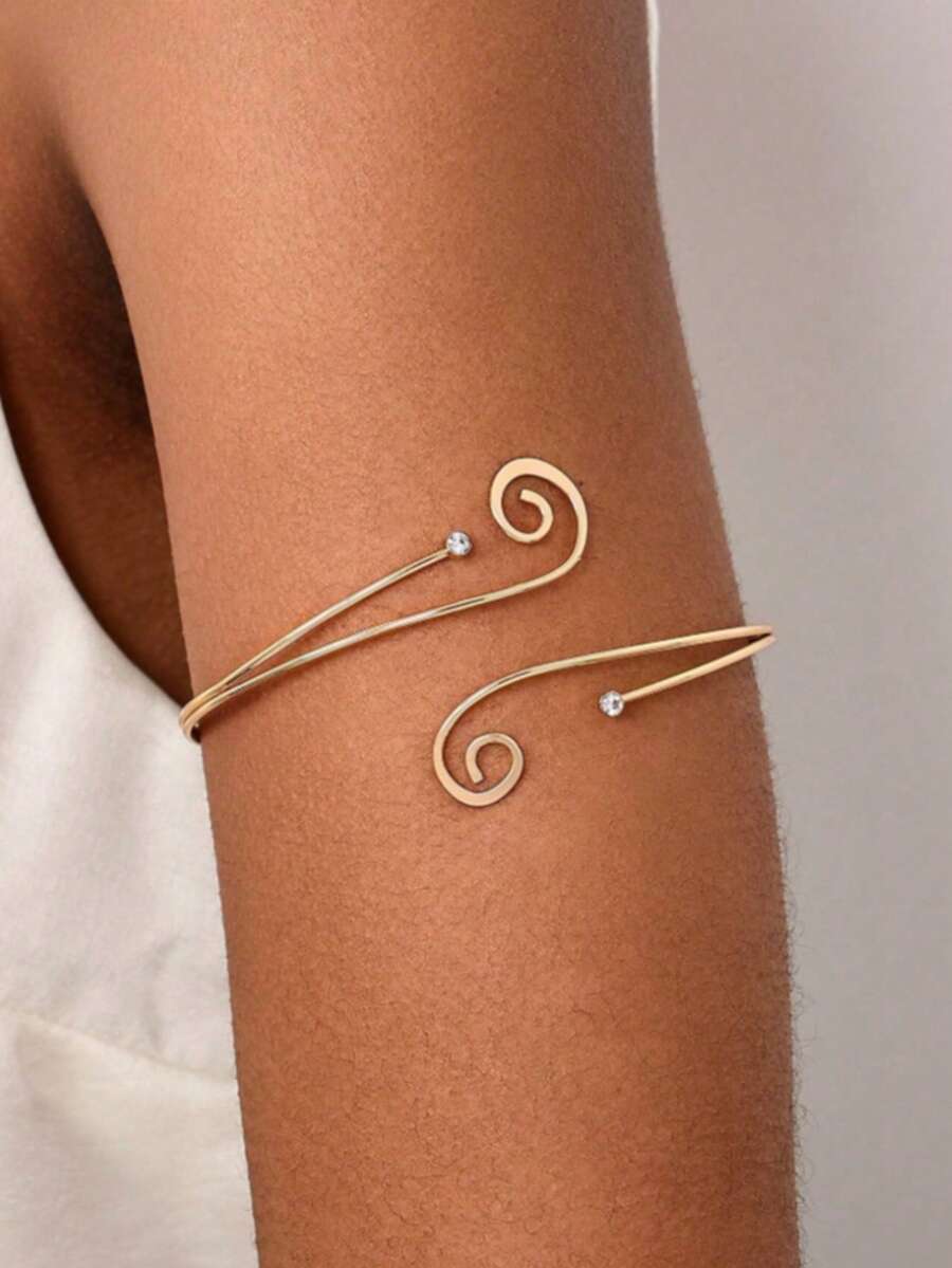 1 pieza Brazalete ajustable exagerado y creativo de metal minimalista con diamante de imitación, diseño geométrico floral, mariposa y hoja, adecuado para salidas de verano, recomendado por bloggers de moda, regalo para la novia - Dorado - Ver 1