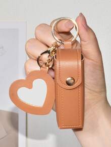 1 Set Nylon Braided Phone Case Strap, Minimalist Solid Color Leather Lipstick Pouch, Cute Mini Heart Shaped Makeup Mirror Keychain - Brown Long Rope + Lipstick Bag + Makeup Mirror - View 4