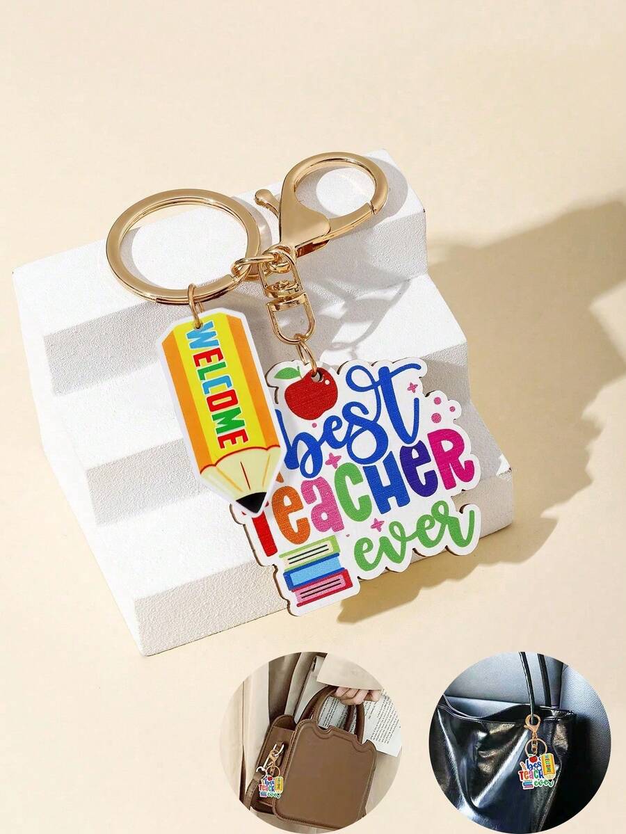 Lindo llavero, temporada de regreso a clases, colgantes con temas de campus, etiqueta de madera colorida con letras del alfabeto para maestros, una pieza para manualidades DIY, recuerdos creativos para graduación, fiesta de compañeros de clase, regalo para maestros, regalo de festival, llavero para accesorios de coche y teléfono, accesorios de coche, encanto de bolso escolar, el regalo perfecto para compañeros de clase, maestros y mejores amigos - Multicolor - Ver 1