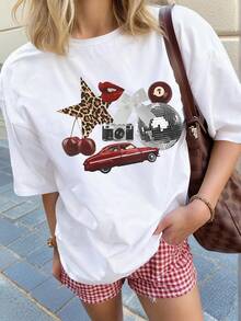 Camiseta de mujer de estilo vintage con temática de automóviles, cuello redondo, manga corta, decorada con bola de discoteca y patrones de cerezas, top de estilo casual para uso diario en verano de color blanco100% Cotton - Blanco - Ver 6