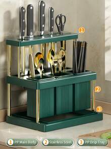 1pc Multi-Function Cutlery Holder, Knife Rack, Chopstick Storage Box, Kitchen Organizer Rack, Tabletop Caddy, Kitchen Utensil Holder, Space-Saving Cutlery Rack With Detachable Drip Tray, Suitable For Kitchen, Bathroom, Dining Room, Green/White, Gold/Silver Chopstick Holder, Knife/Spoon/Fork Storage Rack, Combination Plastic Model - Multicolor - View 6