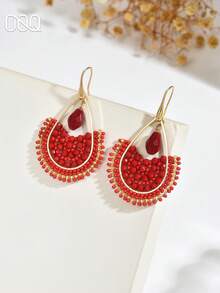 OOQ 1件复古波西米亚几何镂空水滴形水晶串珠耳环，时尚优雅甜美百搭，适合女孩和女士日常佩戴，婚礼季，情人节礼物送给朋友和爱人（手工串珠，颜色、数量和位置随机） - 紅色 - 查看 4