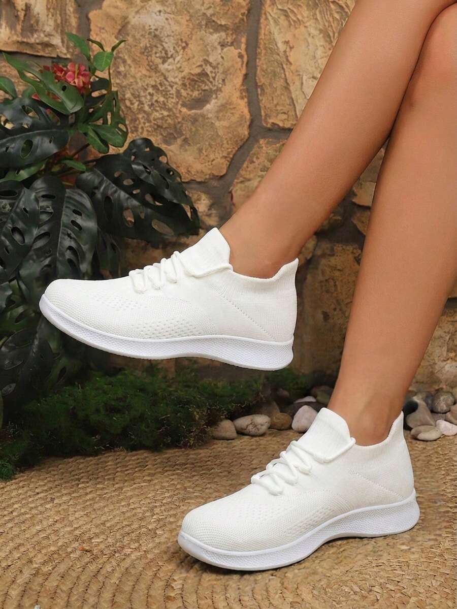 Giày thể thao nữ nhẹ, thoáng khí, chất liệu dệt kim, màu trơn, kiểu dáng casual buộc dây, thích hợp đi bộ hàng ngày. - trắng - Xem 1