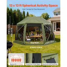 Pop-up-Pavillon, 3,96 x 3,96 m, 13-seitiges, kugelförmiges Campingzelt mit abnehmbarem Dach & Tragetasche, 360°-Belüftung, Sonnenschutz, Partyzelt für 10–12 Personen, Grün - 4,0 x 4,0 m (13 x 13 Fuß), Olivgrün - Übersicht 2