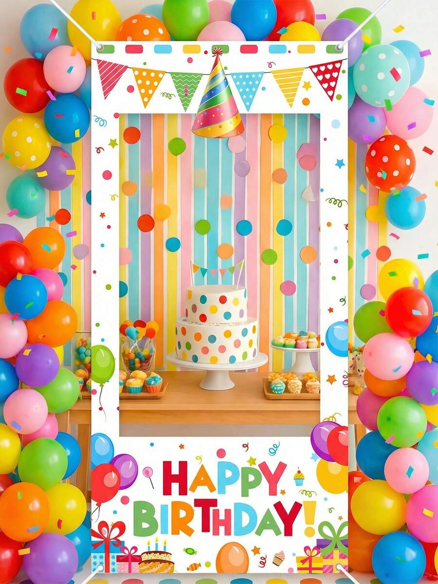 1件彩色生日快乐拍照横幅，生日主题拍照背景，儿童生日派对拍照道具，生日派对装饰配件，彩虹生日背景，儿童生日拍照道具，生日派对用品，生日快乐派对礼品，生日拍照背景 - 帽子生日 - 查看 1