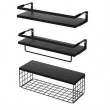 Wall Mounted Shelving Unit, Wooden Bathroom, Toilet, Kitchen, Living Room Bookshelf, Multi-Functional Storage Rack, Floating Wall Mounted Board, Iron Hanging Storage Basket - Black - View 3