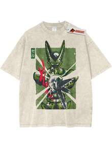 Men Water Washed Streetwear Brand Street Style 100 Percent Cotton T Shirt Cell Dragons Balls Character Print And Text Casual Outfit For Daily Wear Party Front And Back Print Vintage Heavyweight Tee Perfect Gift Loose Comfortable Breathable Machine Man Clothes Graphic Tees Funny Graphic Tees - 黑色 - 查看 1