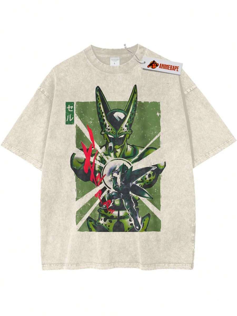 Men Water Washed Streetwear Brand Street Style 100 Percent Cotton T Shirt Cell Dragons Balls Character Print And Text Casual Outfit For Daily Wear Party Front And Back Print Vintage Heavyweight Tee Perfect Gift Loose Comfortable Breathable Machine Man Clothes Graphic Tees Funny Graphic Tees - 黑色 - 查看 1