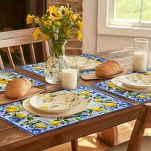 [Lemon Floral Placemats] 4pcs Pack Lemon & Floral Placemats Suitable For Dining Table - Lemon Flower, Durable Polyester Rectangular Placemats, Party Decor, Lemon-Themed Table Setting - 12*18 Inches - View 3