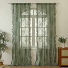 French-Style Pastoral Lace Sheer Curtains For Living Room, Bedroom, Balcony, Bay Window, Semi-Blackout Window Curtain With Ruffle Trim - Hoa gương tròn màu xanh lá cây - Xem 2
