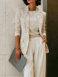Women's Floral Jacquard Long Sleeve Notched Collar Blazer Jacket, Front Button Closure With Flap Pockets - Elegant And Chic Business/Commute Wear, Suitable For Office, Commute And Daily Outfit, Lightweight Four-Season Versatile Style, Suitable For Spring, Summer, Autumn And Winter - Champagne - View 8