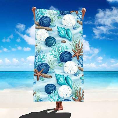 Khăn tắm biển cỡ lớn, nhanh khô, làm từ sợi microfiber với họa tiết vỏ sò, san hô và sao biển, thích hợp cho bãi biển, hồ bơi, spa và du lịch, vật dụng thiết yếu cho kỳ nghỉ hè.