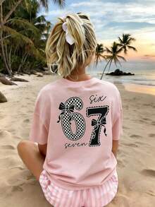 Camiseta de manga corta con cuello redondo y estampado casual para niñas preadolescentes, top de verano - Rosa - Ver 2