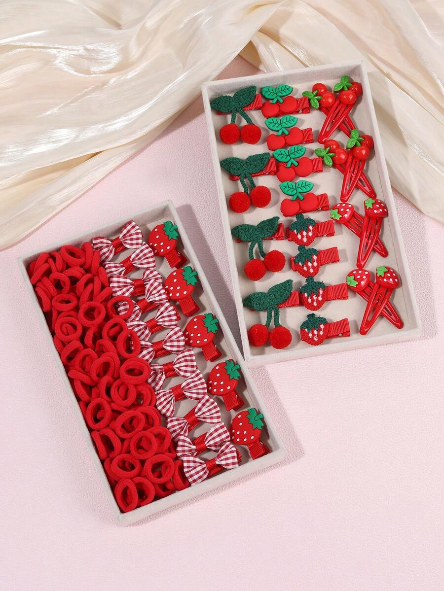 120 Pcs Women's Y2K Hair Accessories Set, Red Hair Ties Plaid Bows Strawberry Cherry Snap Clips, Cute Headdress For Travel, Daiy,Sweet Hair Ornaments. - Multicolor - View 1