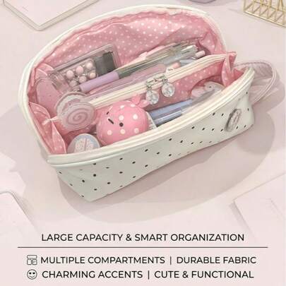 1 chiếc túi đựng văn phòng phẩm nhiều lớp dễ thương, chất liệu polyester chống thấm nước, thiết kế chấm bi nhẹ nhàng, phù hợp cho học sinh, hộp bút nữ tính có tính thẩm mỹ cao.
