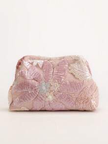 Women's Bohemian Floral Embroidered Sequin Clutch Bag, Vintage Luxurious Random Pattern Evening Handbag, Suitable For Summer Vacation, Wedding And Party - Pink - View 2