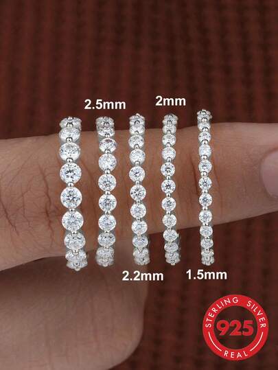 1枚925纯银1.5-2毫米圆形切割结婚戒指，半永恒戒指，半密镶钻石，可叠戴