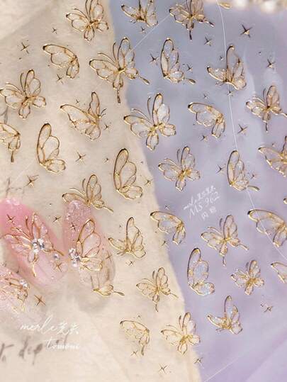 1 hoja de pegatinas de arte de uñas con mariposas de oro glitter, calcomanías de uñas autoadhesivas en relieve 5D, decoración de manicura primaveral