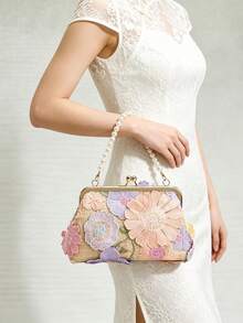 Multicolor Floral Pattern Mesh Embroidered Shell Straw Clutch Bag, Pearl Handbag, Sweet Romantic Beach Holiday Style Women's Handbag, Suitable For Wedding, Party, And Vacation Occasions (Random Mesh Embroidery Floral Pattern Distribution, Please Do Not Purchase If You Mind) - Multicolor - View 2