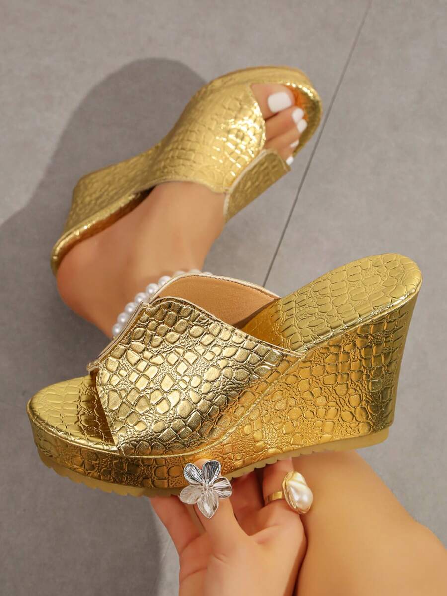 2026 New Fashion High Heel Platform Wedge Sandals, Thick Sole Peep-Toe Slippers For Women Summer Outdoor Wear - Gold - View 1