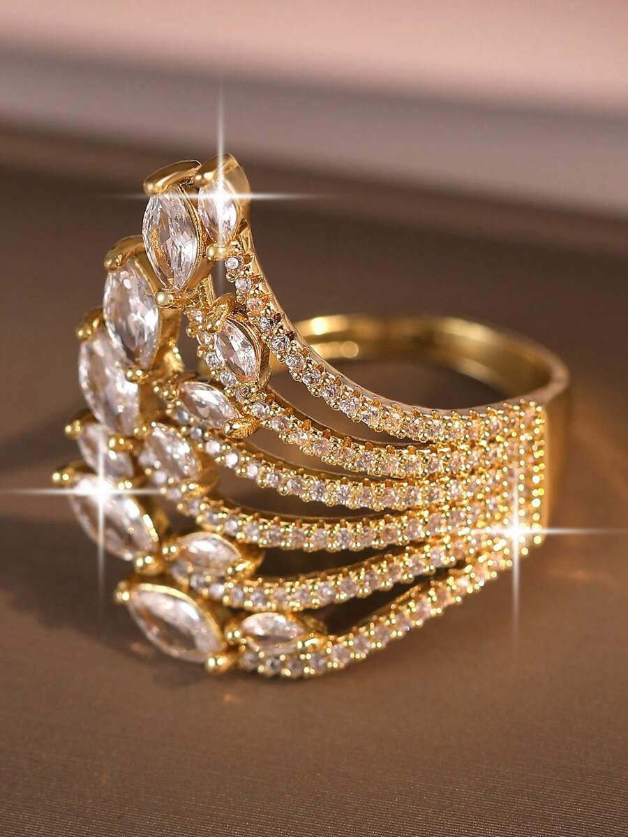 1pc Luxury Wing Cubic Zirconia Wedding Rings, Statement Multilayer Streamlined Ring For Dinner Party, Banquet, Red Carpet Look, Anniversary Jewelry Gift - Yellow Gold - View 1