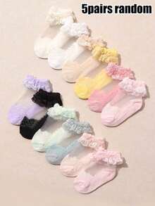 5 pares de calcetines cortos con volantes de encaje para bebé, calcetines suaves y transpirables con volantes de encaje para princesa infantil - Multicolor - Ver 6