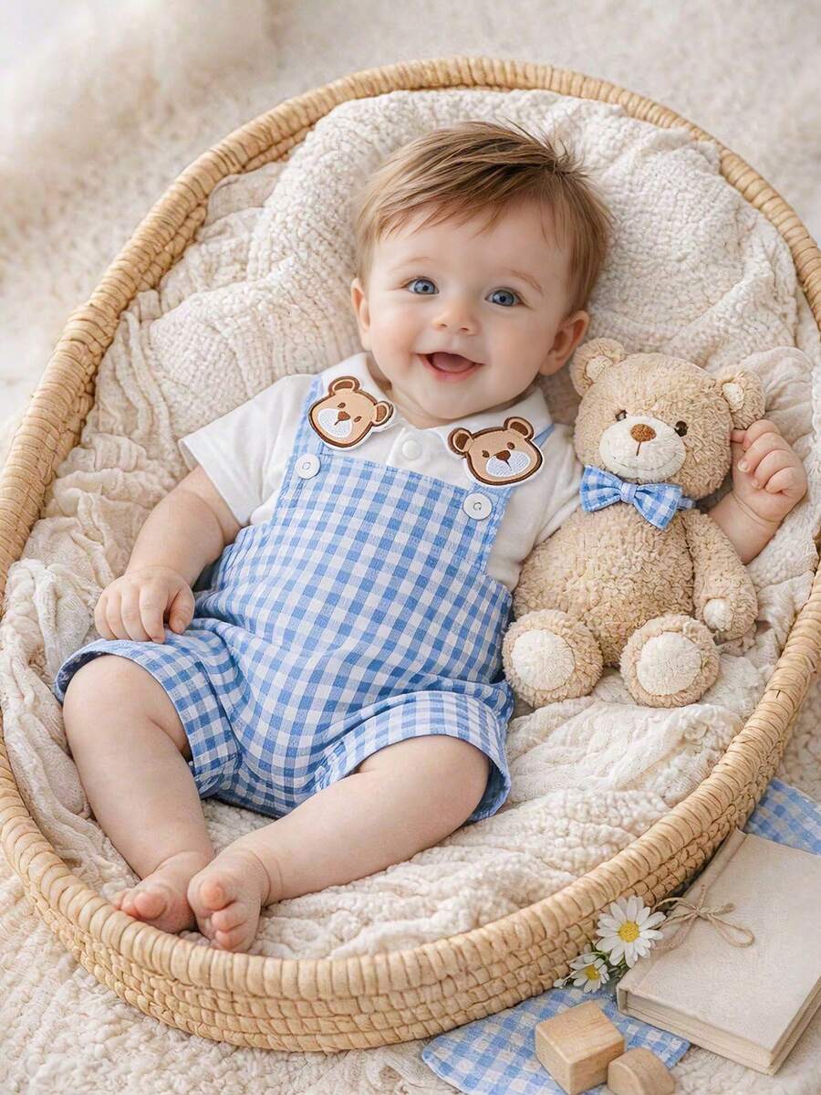 2件套男婴可爱小熊领连体衣和格子围兜裤套装，夏季 - 淺藍色 - 查看 1