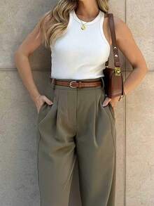 Women's Fashion Pocket Button Decor Loose High Waist Tapered Suit Pants - Khaki - View 3