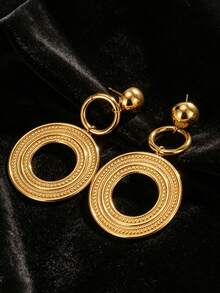 YUNCHUN 1 Pair Golden Fashion Double Hoop Bohemian Style Unique Texture Retro Minimalist Luxury Metal Dangle Earrings, Suitable For Gatherings With Friends, Romantic Festivals, Dates, Street Style, Celebrity Events, Great Gift For Valentine's Day, Mother's Day, Girlfriend - Gold - View 7