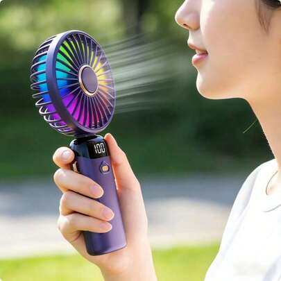 1pc Rechargeable Digital Display Mini Portable Foldable Desk Hand-Held Neck Fan, 5 Wind Speeds 5 Blades Noiseless