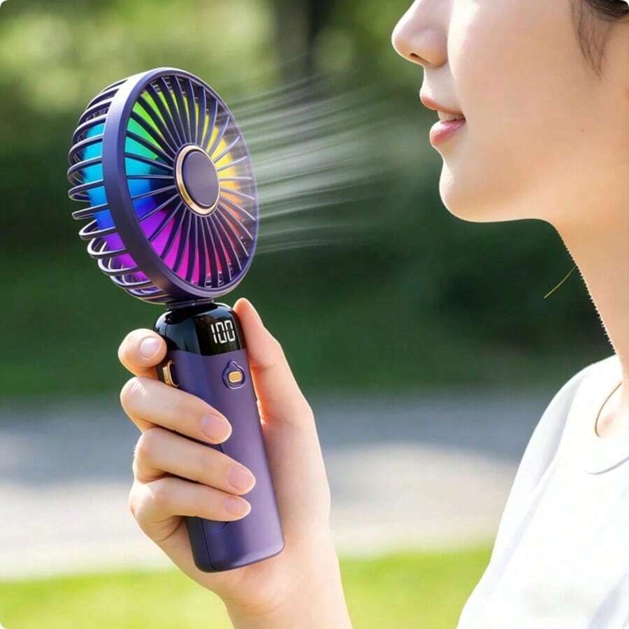 1pc Rechargeable Digital Display Mini Portable Foldable Desk Hand-Held Neck Fan, 5 Wind Speeds 5 Blades Noiseless