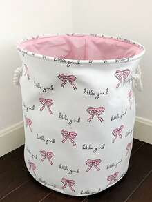 1pc Bowknot Decor Fabric Foldable Storage Basket/Laundry Hamper - White - View 6