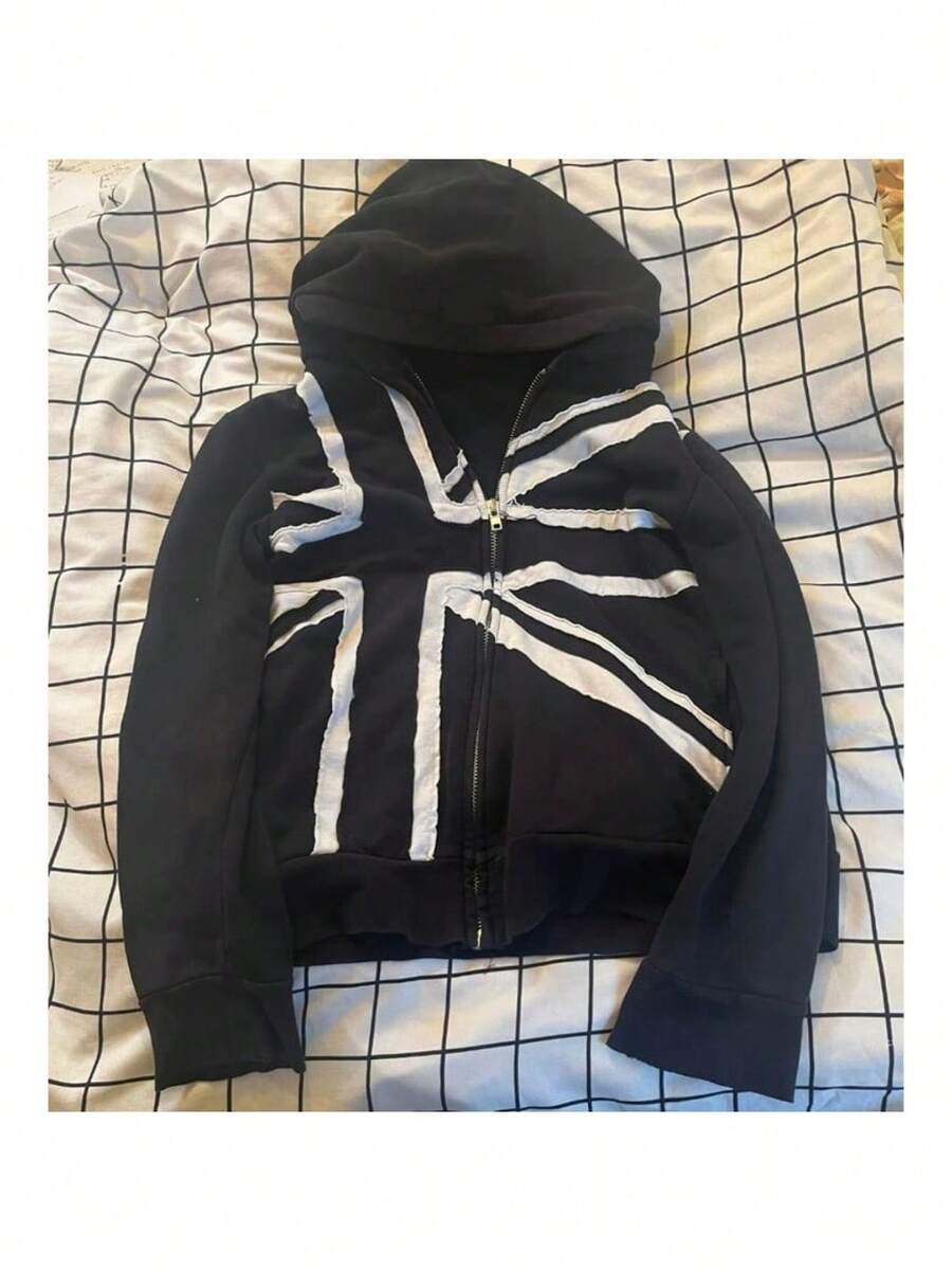 Y2k Long-Sleeved Pullover Zipper Printed Patch Sweatshirt Hoodie Punk Dark Street Wear Hip-Hop - 黑色 - 查看 1