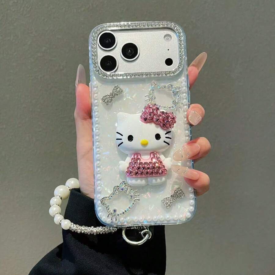 SANRIO Luxury Faux Pearl Rhinestone KT Compatible With Iphone 16 Pro Max Phone Case, New Design Outer Shell Compatible With Iphone 17/11/15 Pro, Cute & Elegant For Women, Protective Cover Compatible With Iphone 14/13/12 Pro Max - Multicolor - View 1