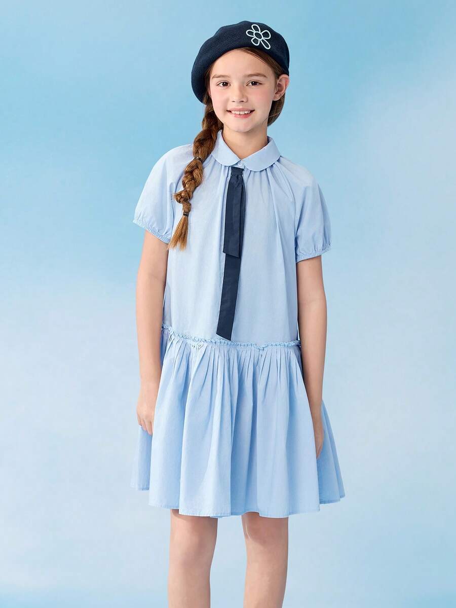 Balabala Đầm công chúa mùa hè cho bé gái 2026, tay phồng kiểu sinh viên, chất liệu cotton mềm mại thoáng khí, thiết kế dễ thương ngọt ngào. - tông màu xanh - Xem 1