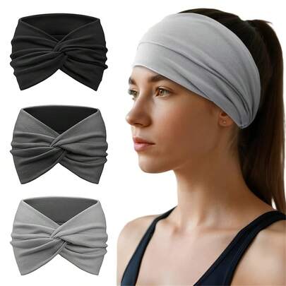 三件套时尚简约宽版运动头带，女士适用，弹性防滑吸汗加厚头带，大号打结柔软头巾发饰，适合日常休闲、户外运动、化妆、水疗、瑜伽、跑步等场合。