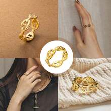 Vintage Inspired Marine Link Finger Rings For Women, Luxury Aesthetic Hollowed Pig Nose Design Adjustable Band, Y2K  Streetwear Style Jewelry, Glamorous High Polish Finish Ring For Work Or Vacation, Versatile Fashion Accessory For Daily Wear, Party, Dating, Travel, Office, Home, Gift For Mom Girl Friend - 金色 - 查看 4
