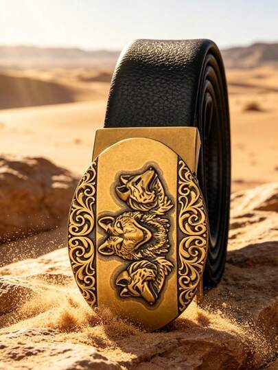 Men's Vintage Genuine Leather Belt, Bronze Wolf Head Automatic Buckle, Top Layer Cowhide Strap, Classic Retro Business Waistband For Formal Work & Daily Casual Wear