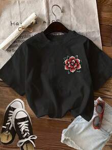 [Double-Sided Print]Summer Casual Women's Top, Vintage Style, Snake And Floral Print, Round Neck, Pure Cotton Short-Sleeve Cotton Womens Vintage Snake - 黑色 - 查看 3