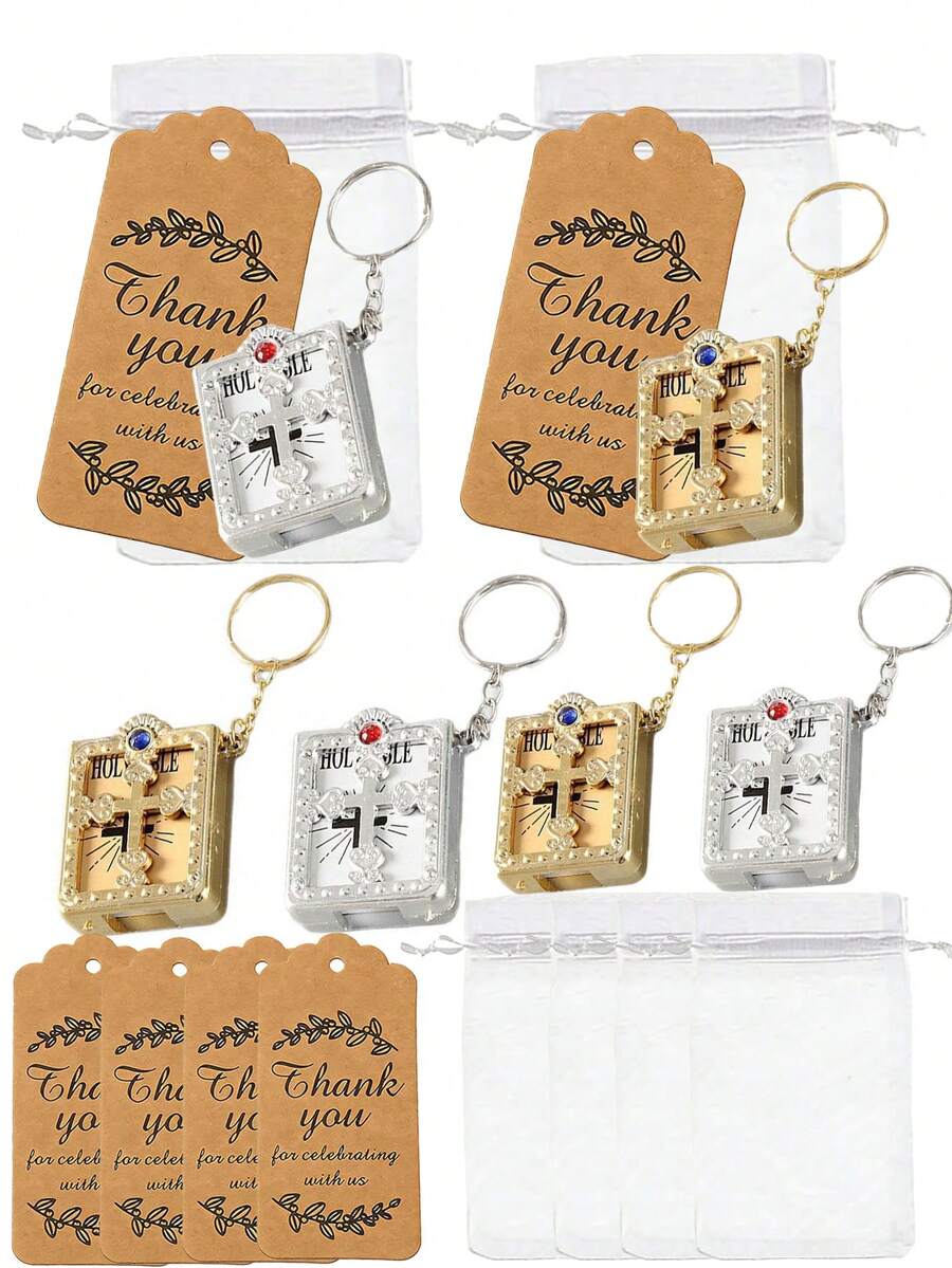 3pcs/Set Keychain Party Favor Set, Mini Bible Keychain With Thank You Tag And Organza Bag, Religious Cross Keychain Suitable For Wedding, Baptism, Communion, Birthday, Graduation Party Return Gift Souvenir - A - View 1