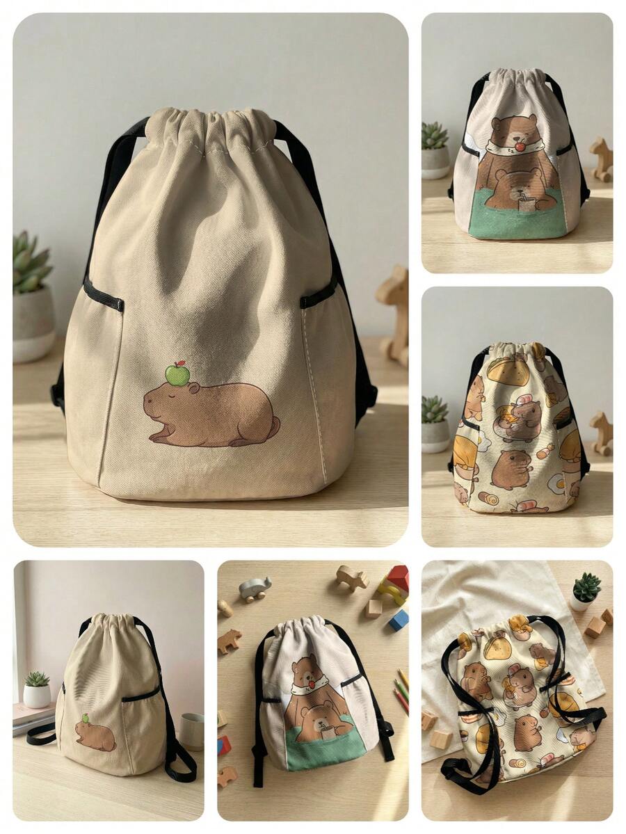 1pc Drawstring Closure Backpack, Multi-Scenario, Super Large Capacity, Ultra-Lightweight, , High-Quality, Foldable Storage Bag, Cartoon Capybara Print Drawstring Fitness Sports Backpack, Dust-Proof, Suitable For Outdoor, Fitness, Daily Commute And School Use - Multicolor - View 1