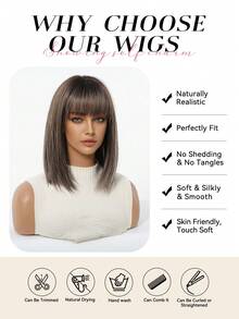 12英寸棕色挑染波波头假发，带厚实的空气刘海，女士直发合成纤维假发，自然逼真，耐热，适合日常佩戴、派对、角色扮演 - 挑染棕色 - 查看 8