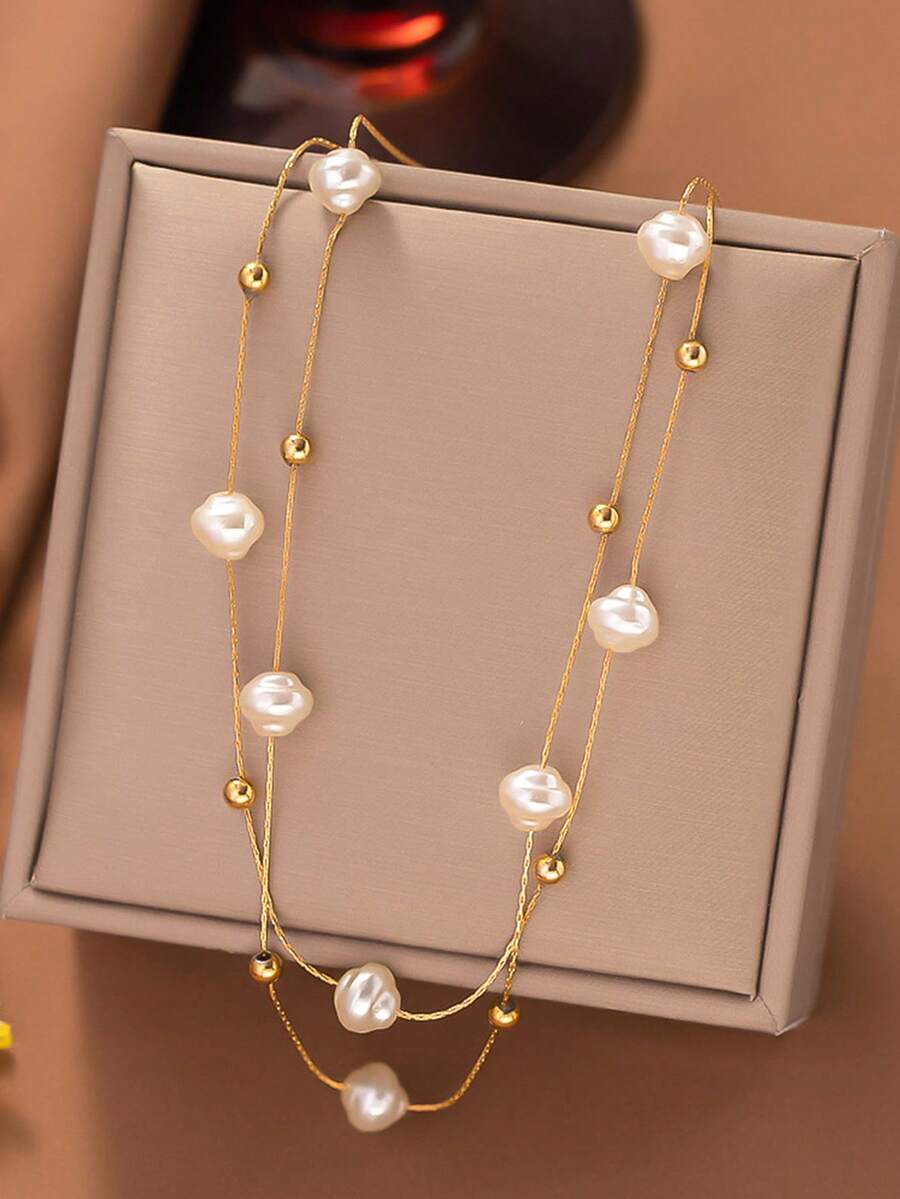 1件几何流苏珍珠项链，独特设计的颈链，适合日常佩戴 - 彩色 - 查看 1